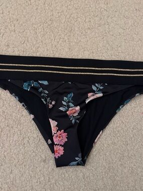 H&M Black floral print Bikini Bottom with Metallic Gold Stripes